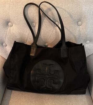 Tory Burch Ella Tote made with Black Nylon and Patent-Trim Logo